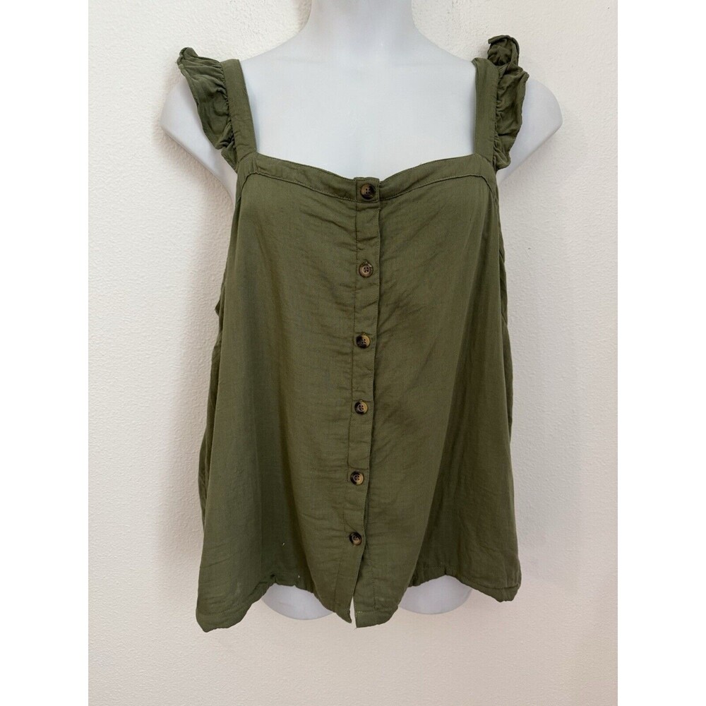 Torrid sleeveless blouse Olive Green Ruffle Strap Button Front Boho Size 2 Rayon